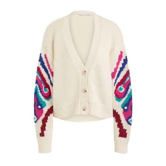 ❤️❤️❤️Oui,  Knitted Cream with colorful sleeves short cardigan size 10 US❤️❤️❤️ - Picture 6 of 10